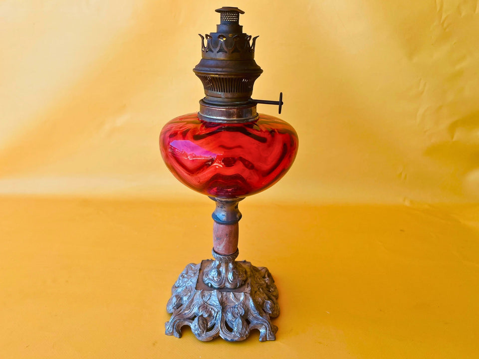 Antique Working Oil Lamp Lempereur and Bernard Cranberry Glass