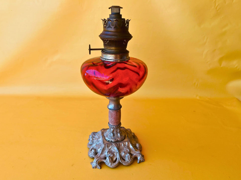 Antique Working Oil Lamp Lempereur and Bernard Cranberry Glass