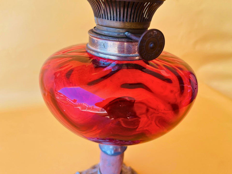 Antique Working Oil Lamp Lempereur and Bernard Cranberry Glass