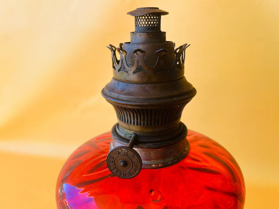 Antique Working Oil Lamp Lempereur and Bernard Cranberry Glass