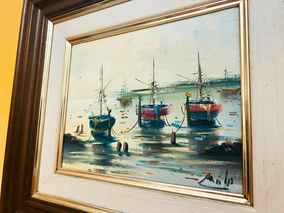 Watercolor ship painting detail brushwork and signature close-up