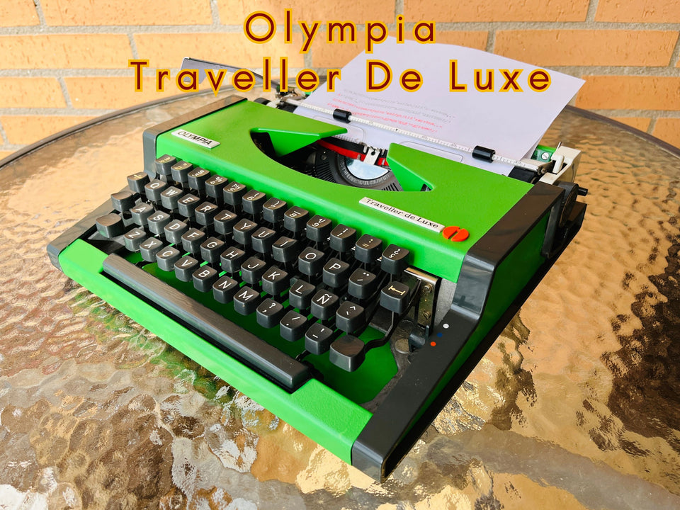 Custom lime green Olympia Traveller de Luxe typewriter with matching original carrying case professionally repainted in mint condition