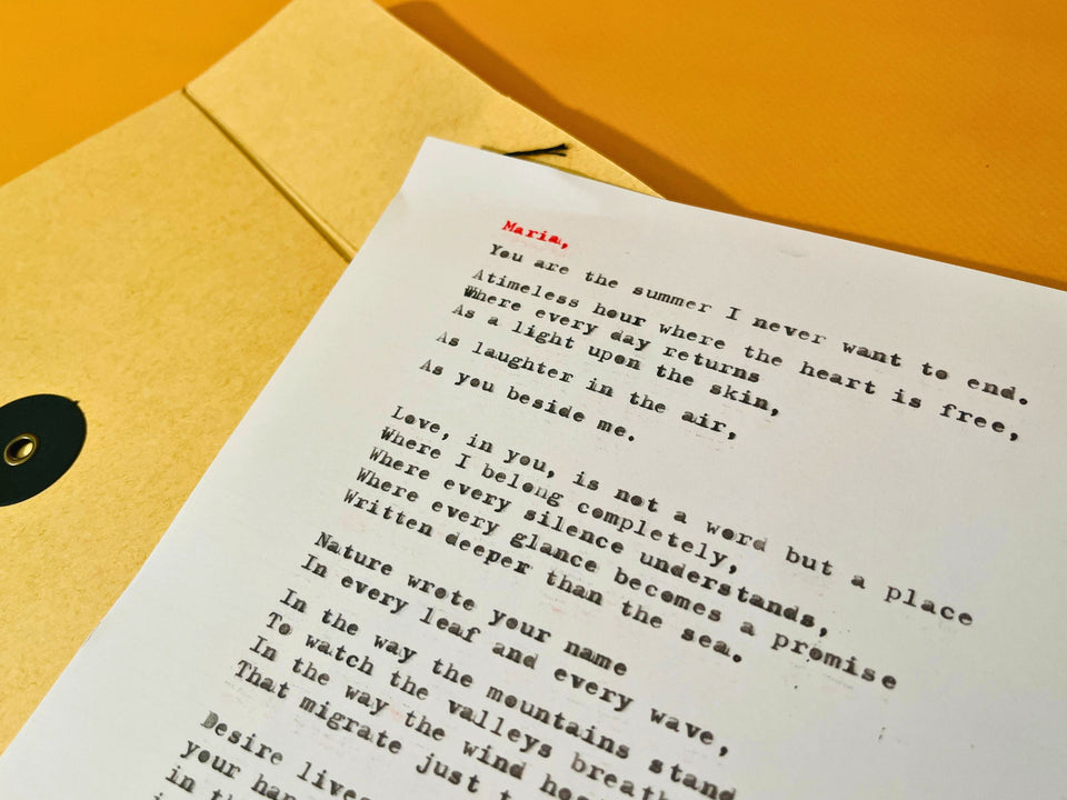 Kraft envelope with string closure for custom typewriter poem