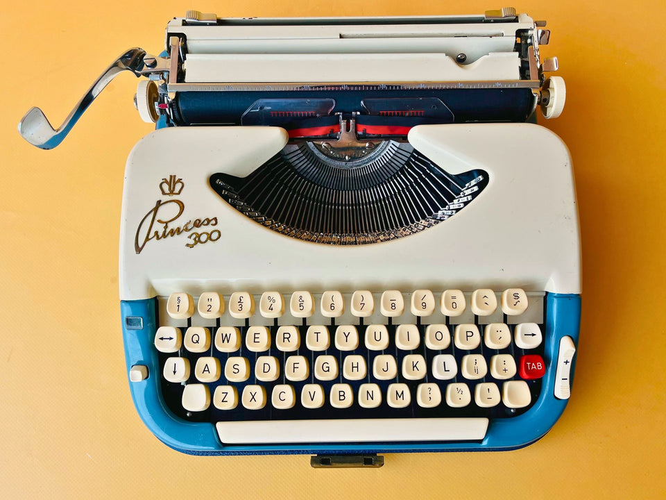 Working typewriter Princess 300 blue top-down keyboard view