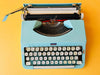 Working typewriter Nakajima All cyan blue top-down keyboard view