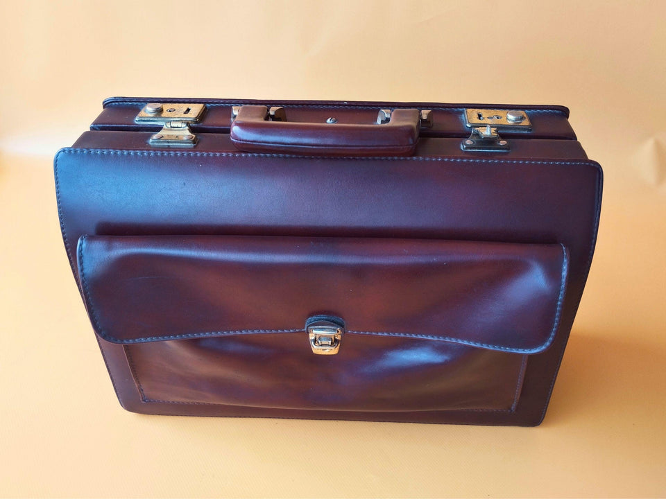 Brown Leather Attache Case | Modernist Lawyer Briefcase | Structured Business Valise with Pocket