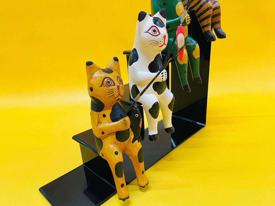 Hand-Carved Wooden Cat Figurines (Set of 4) - Rustic Folk Art Sculptures - Small Animal Decor