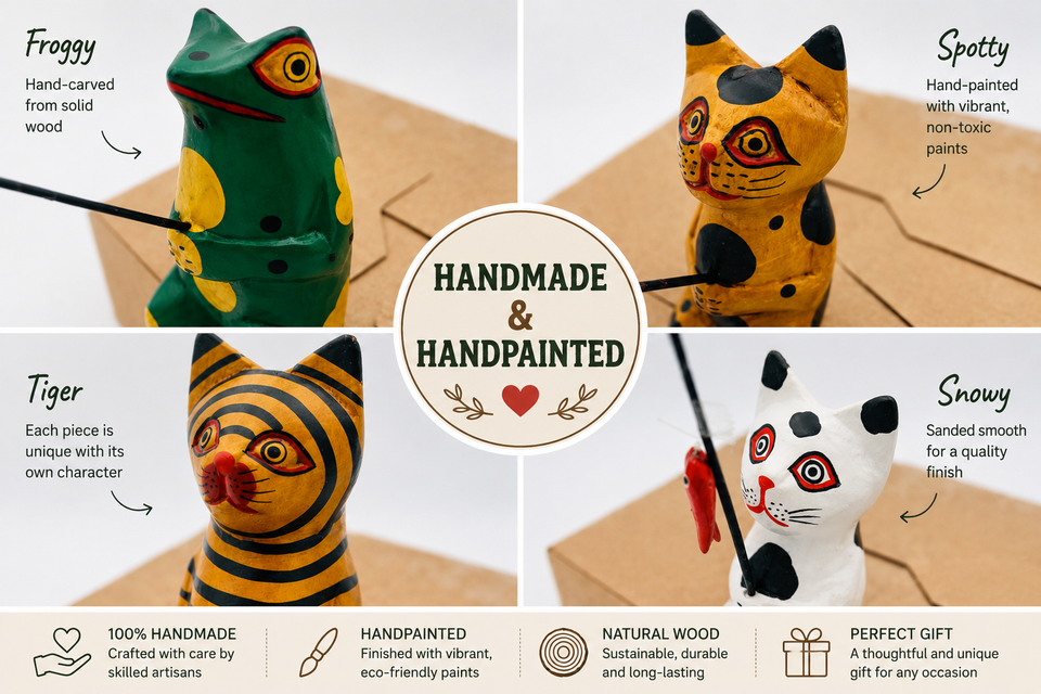 Hand-Carved Wooden Cat Figurines (Set of 4) - Rustic Folk Art Sculptures - Small Animal Decor