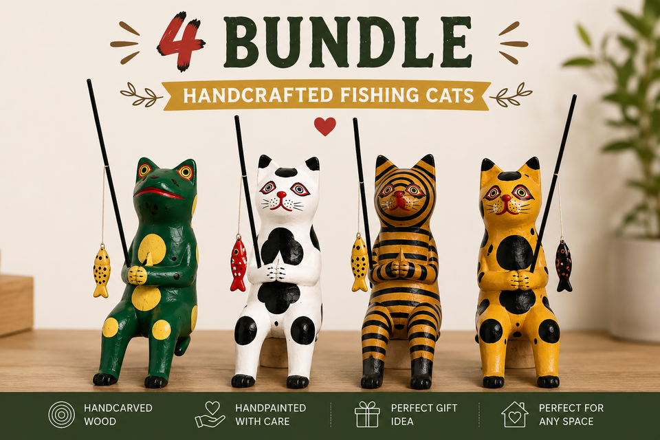 Hand-Carved Wooden Cat Figurines (Set of 4) - Rustic Folk Art Sculptures - Small Animal Decor