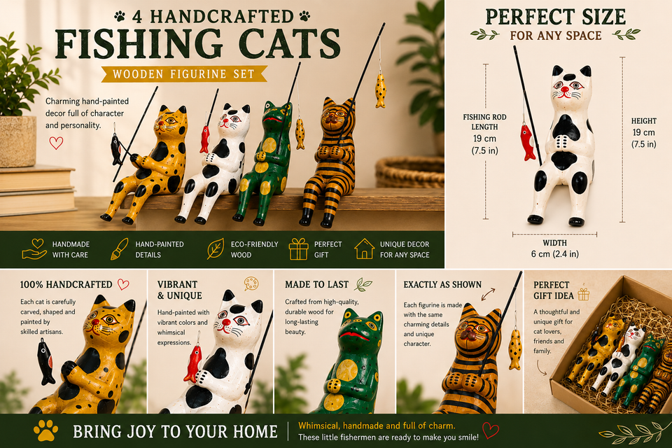 Wooden fishing cat figurines bundle for home decor
