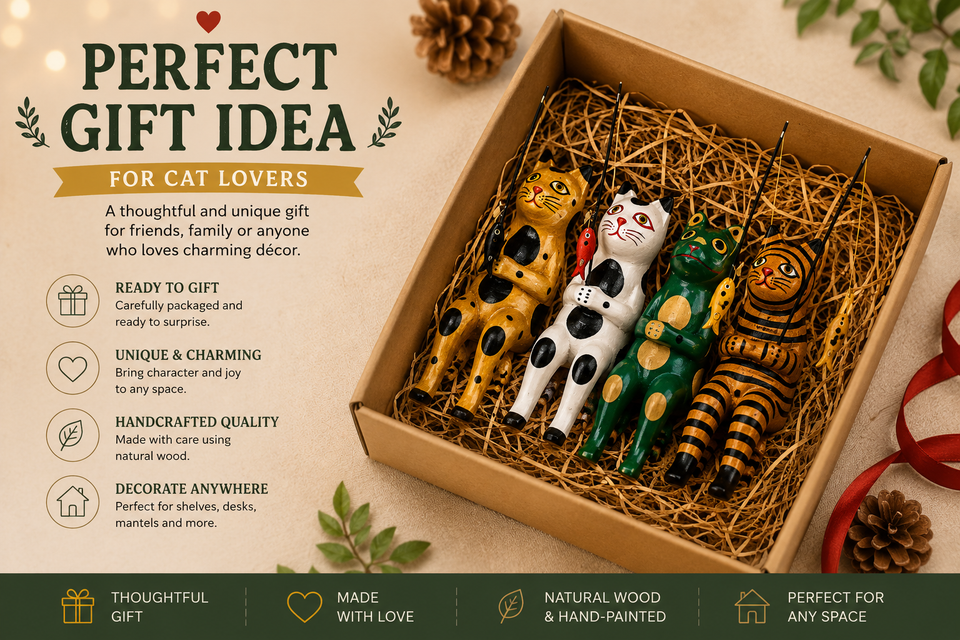 Wooden fishing cat figurines bundle for gift