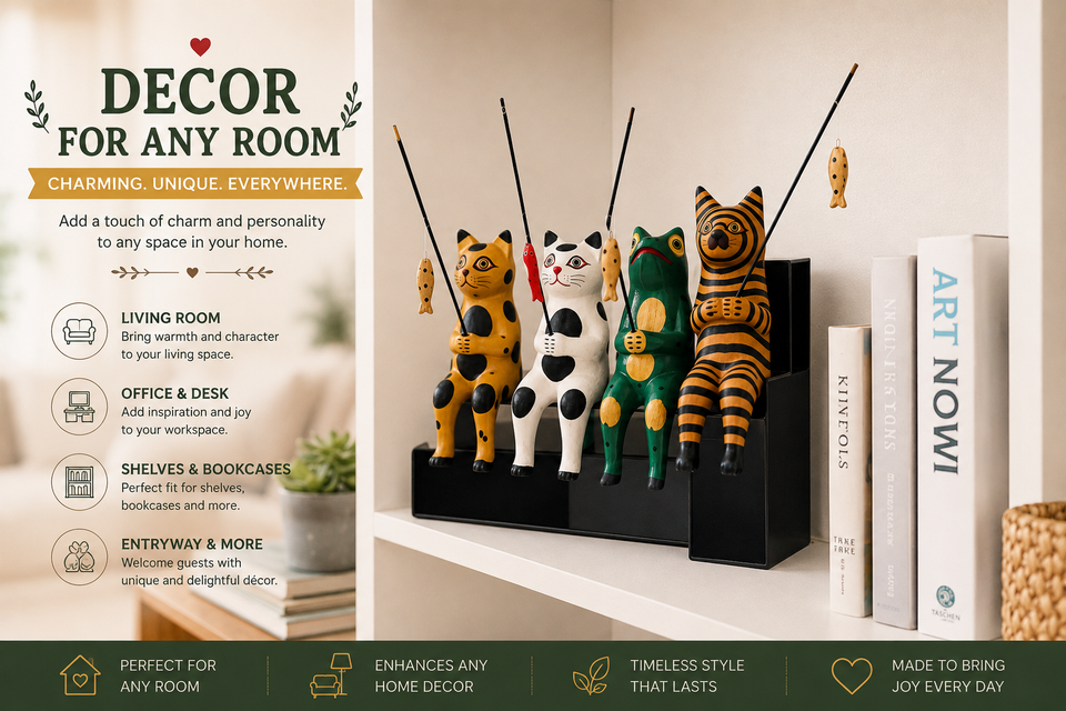 Wooden fishing cat figurines bundle for any room