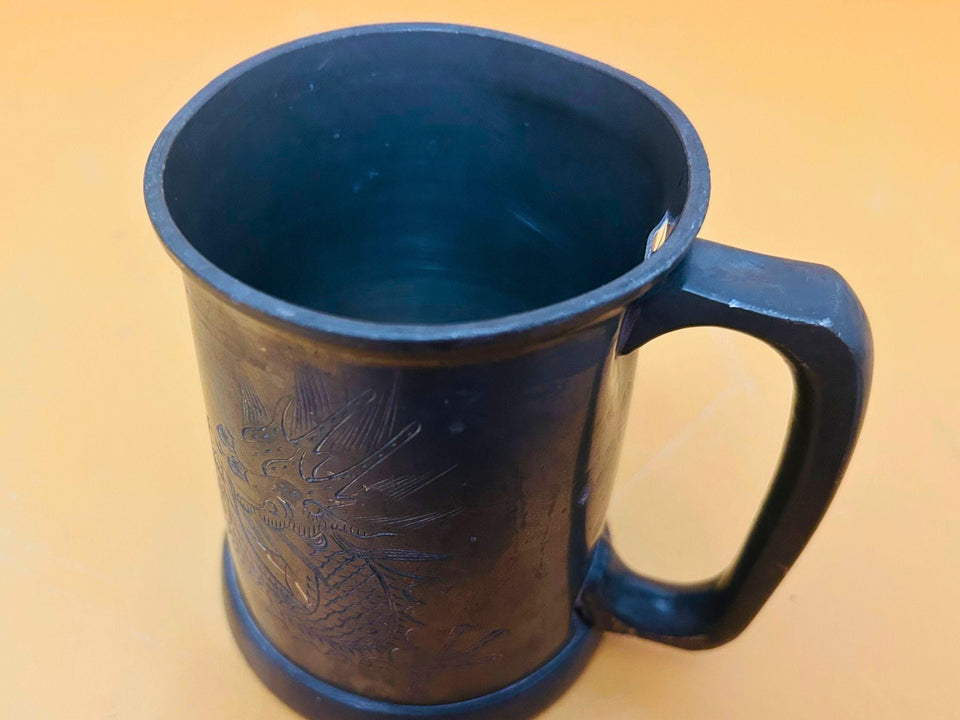 Vintage Pewter Beer Mugs (Set of 2) - Engraved Dragon Tankards - Medieval Style Barware