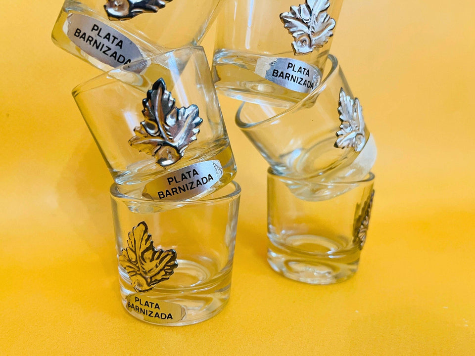 Spanish silvered shot glasses detail engraved finish close-up