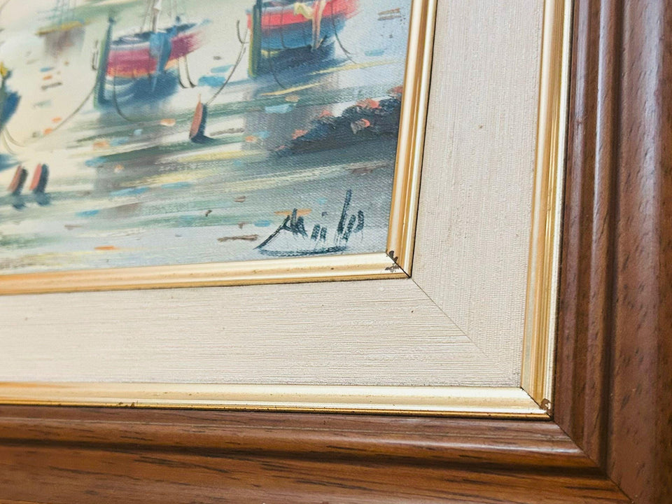Signed Watercolor Ship Painting – Coastal Harbour Scene, Nautical Wall Art in Wooden Frame