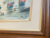 Signed Watercolor Ship Painting – Coastal Harbour Scene, Nautical Wall Art in Wooden Frame