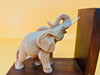 Wooden elephant bookend detail carved wood texture close-up