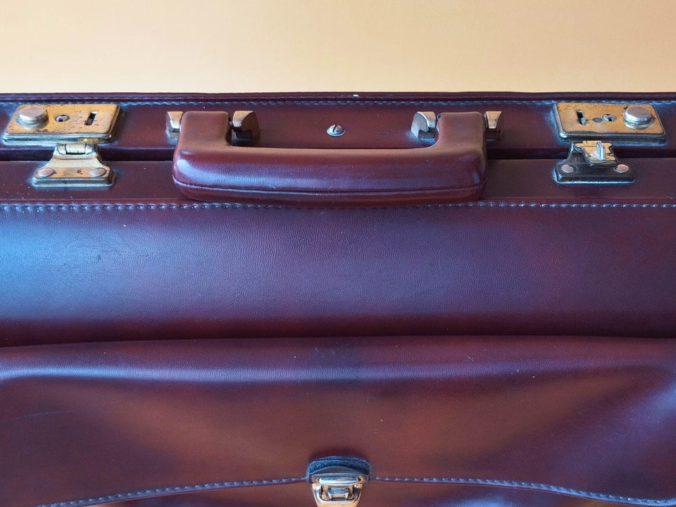 Brown Leather Attache Case | Modernist Lawyer Briefcase | Structured Business Valise with Pocket