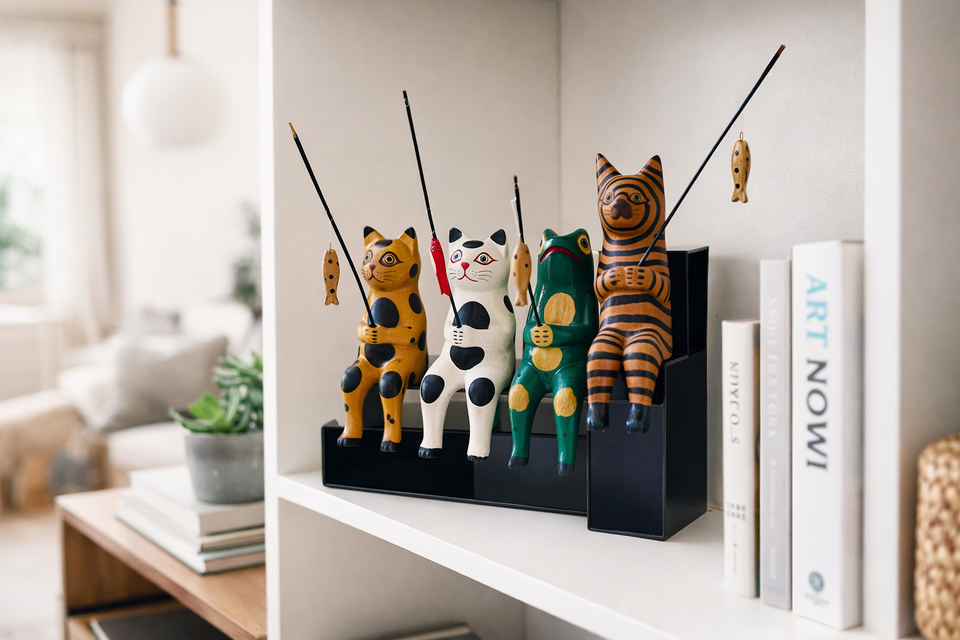Hand-Carved Wooden Cat Figurines (Set of 4) - Rustic Folk Art Sculptures - Small Animal Decor