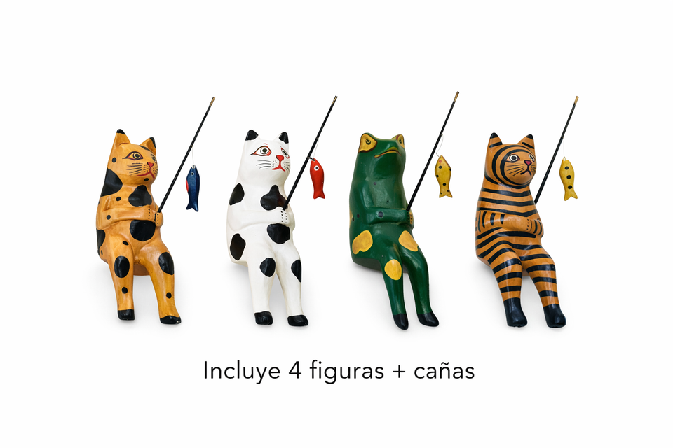 Hand-Carved Wooden Cat Figurines (Set of 4) - Rustic Folk Art Sculptures - Small Animal Decor