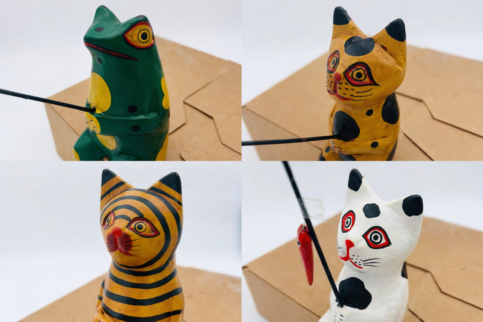 Hand-Carved Wooden Cat Figurines (Set of 4) - Rustic Folk Art Sculptures - Small Animal Decor